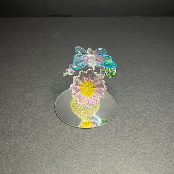 Hand Blown Spun Art Glass Pink & Blue Butterfly on Flower Decorative Figurine - Picture 1 of 6